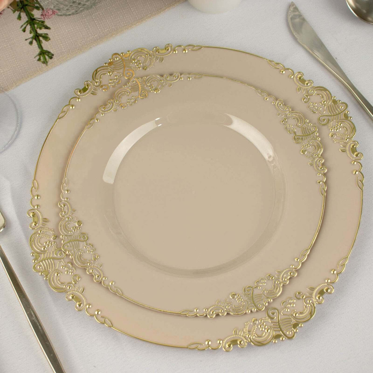 10-Pack Plastic 8" Round Dessert Plates in Taupe with Gold Leaf Embossed Rim - Disposable Vintage Baroque Style Salad Plates
