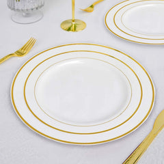 10-Pack Plastic Dessert Plates Ivory with Très Chic Gold Rim - Disposable Plates for Parties 8"