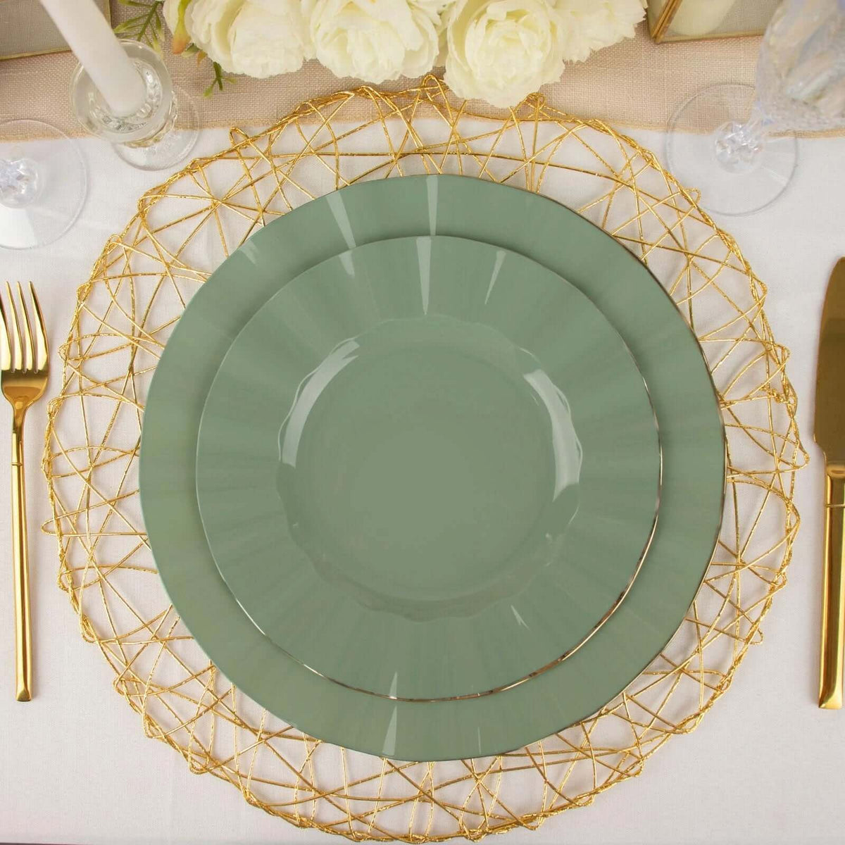 10-Pack Plastic 9" Round Dinner Plates in Dusty Sage Green Ruffled Rim with Gold Edging - Sturdy Disposable Dinnerware