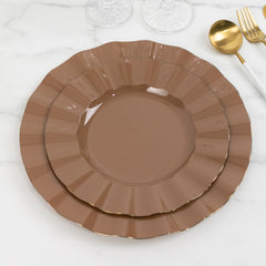 10-Pack Plastic 9" Round Dinner Plates in Coffee Brown Ruffled Rim with Gold Edging - Sturdy Disposable Dinnerware