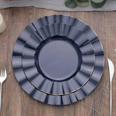 10-Pack Plastic 9" Round Dinner Plates in Navy Blue Ruffled Rim with Gold Edging - Sturdy Disposable Dinnerware