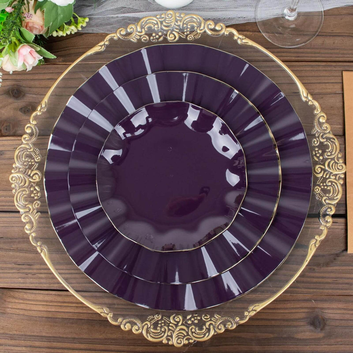 10-Pack Plastic 9" Round Dinner Plates in Purple Ruffled Rim with Gold Edging - Sturdy Disposable Dinnerware