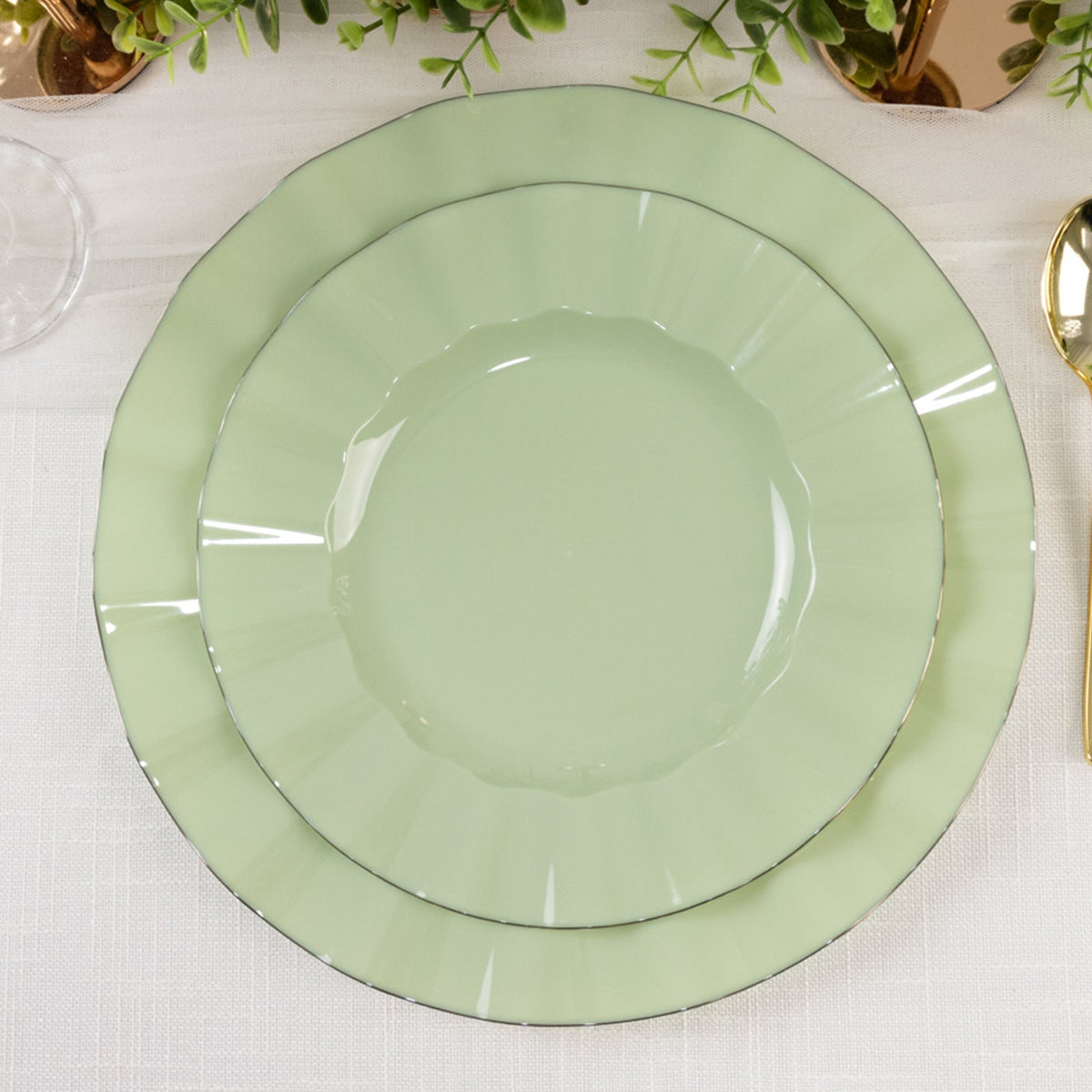 10-Pack Plastic 9" Round Dinner Plates in Sage Green Ruffled Rim with Gold Edging - Sturdy Disposable Dinnerware
