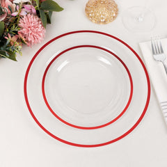 10-Pack Plastic 7" Round Appetizer Plates in Clear with Red Rim - Sleek Disposable Salad Plates for Banquets & Special Occasions