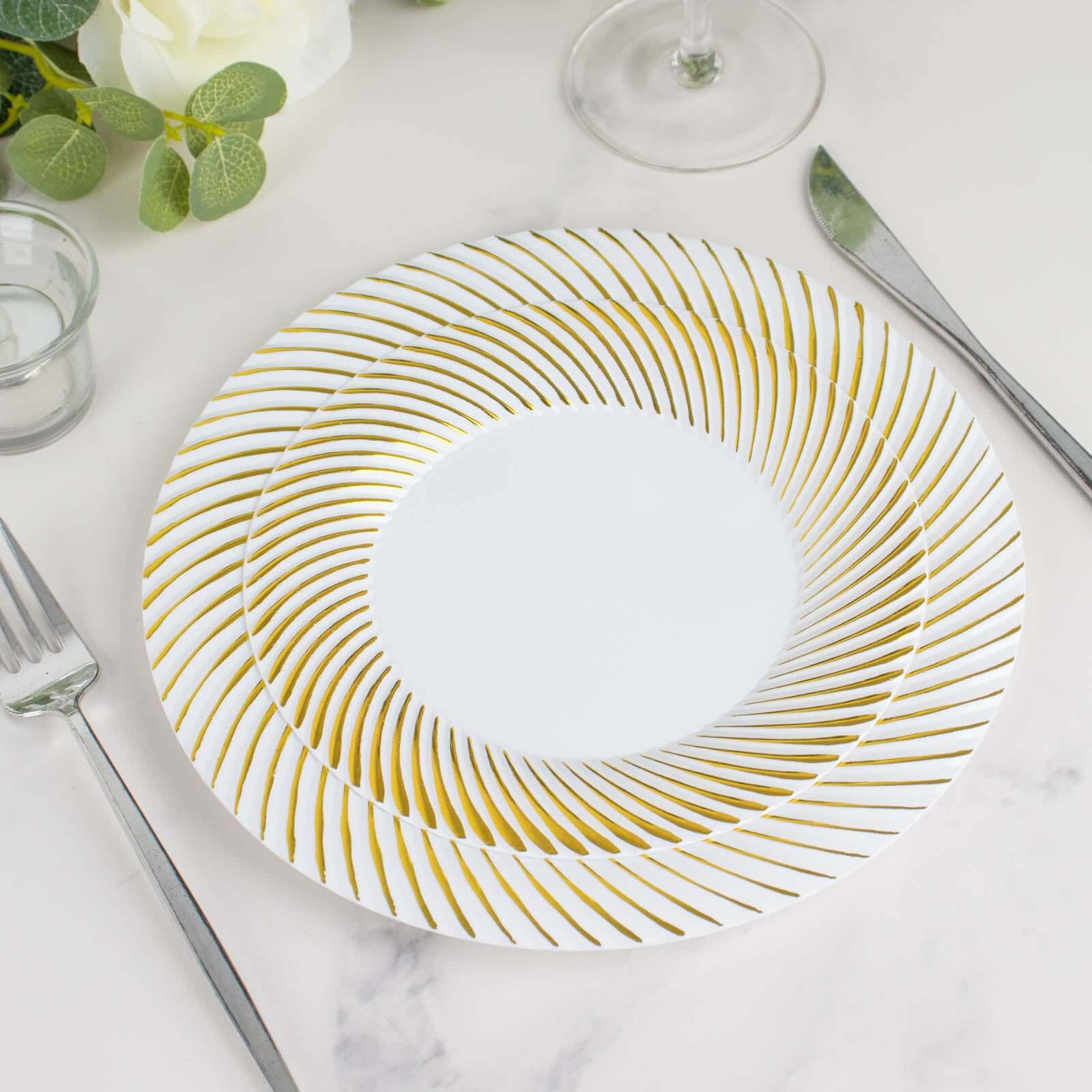 10-Pack Plastic 7" Round Dessert Plates in White with Gold Swirl Rim - Disposable Salad Plates for Classy Events & Banquets