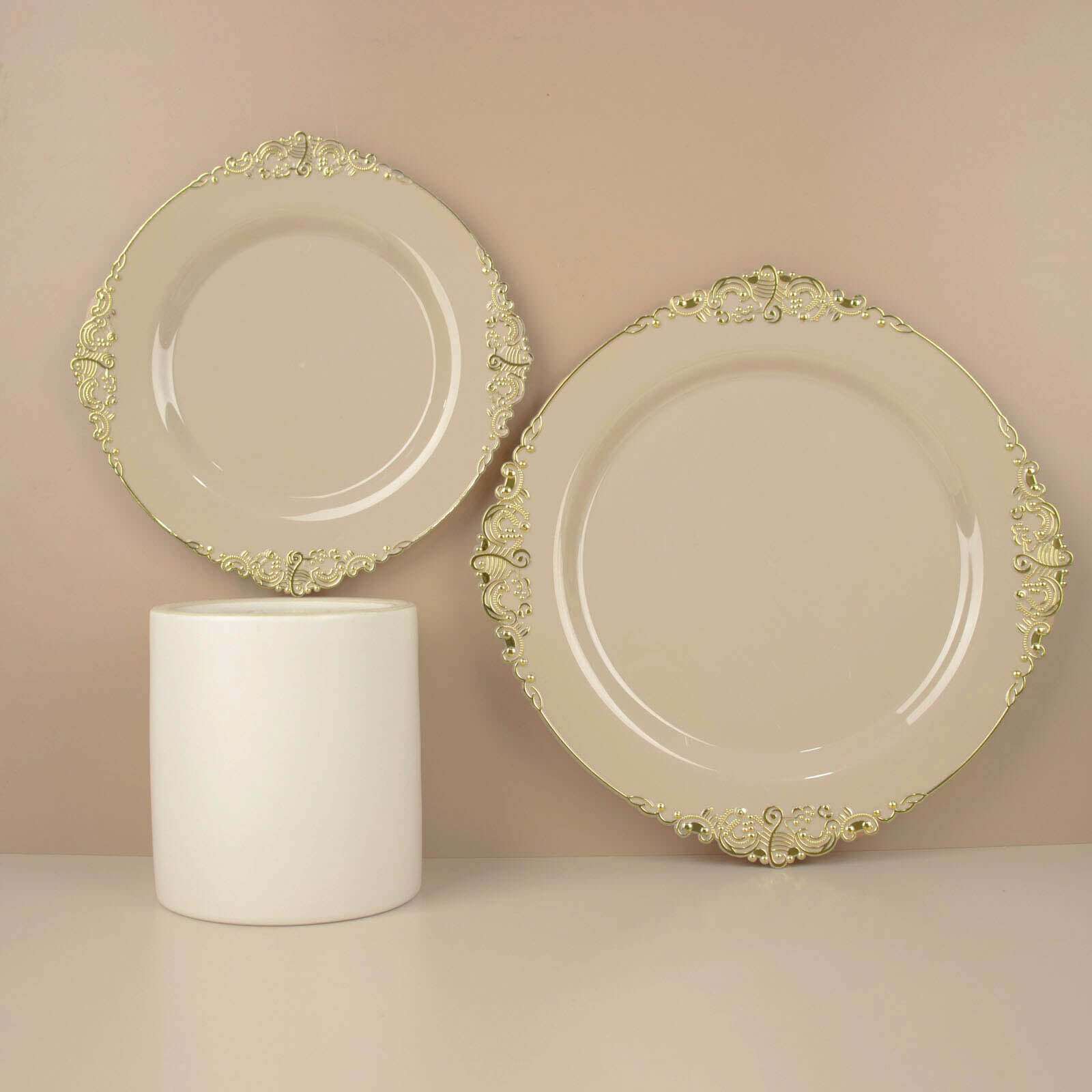 10-Pack Plastic 10" Round Dinner Plates in Taupe with Gold Leaf Embossed Rim - Disposable Vintage Baroque Style Plates