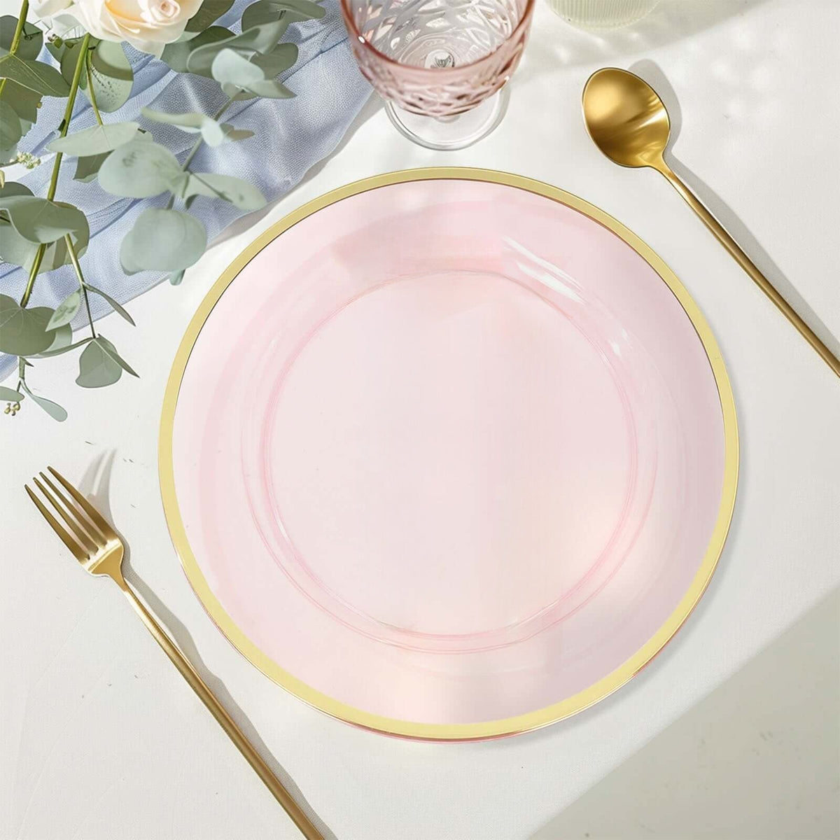 10-Pack Economy Plastic Round Charger Plates 12" in Transparent Blush with Wide Gold Rim, Decorative Dinner Party Serving Plates