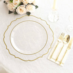 10-Pack Economy Plastic Round Charger Plates 13" in Clear with Gold Scalloped Rim, Decorative Dinner Party Serving Plates