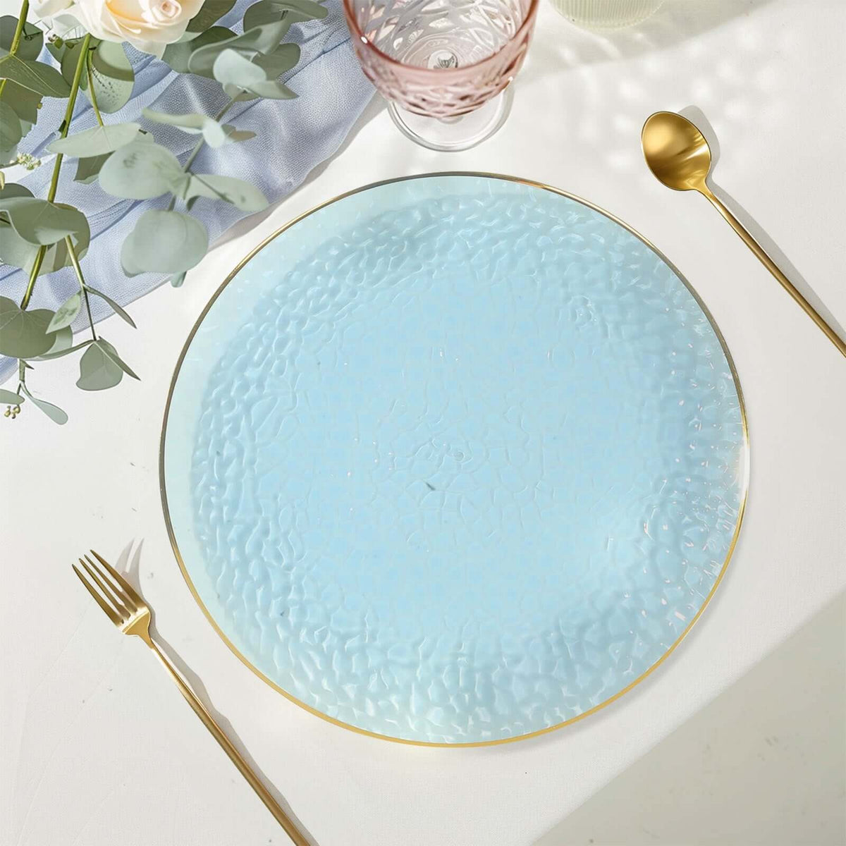 10 Pack Economy Plastic Round Charger Plates 13" in Transparent Dusty Blue Hammered Design with Gold Rim, Decorative Dinner Party Serving Plates
