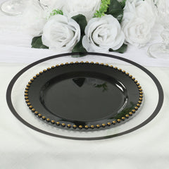 10-Pack Plastic 10" Round Dinner Plates in Black with Gold Beaded Rim - Disposable Party Plates for Banquets & Festive Occasions