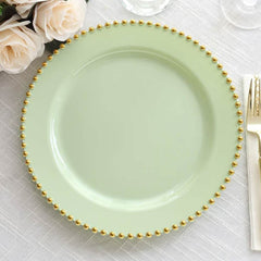 10-Pack Plastic 10" Round Dinner Plates in Sage Green with Gold Beaded Rim - Disposable Party Plates for Banquets & Festive Occasions