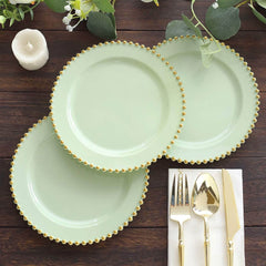 10-Pack Sage Green Plastic Dessert Plates – 8" Round with Gold Beaded Rim, Disposable for Parties & Events