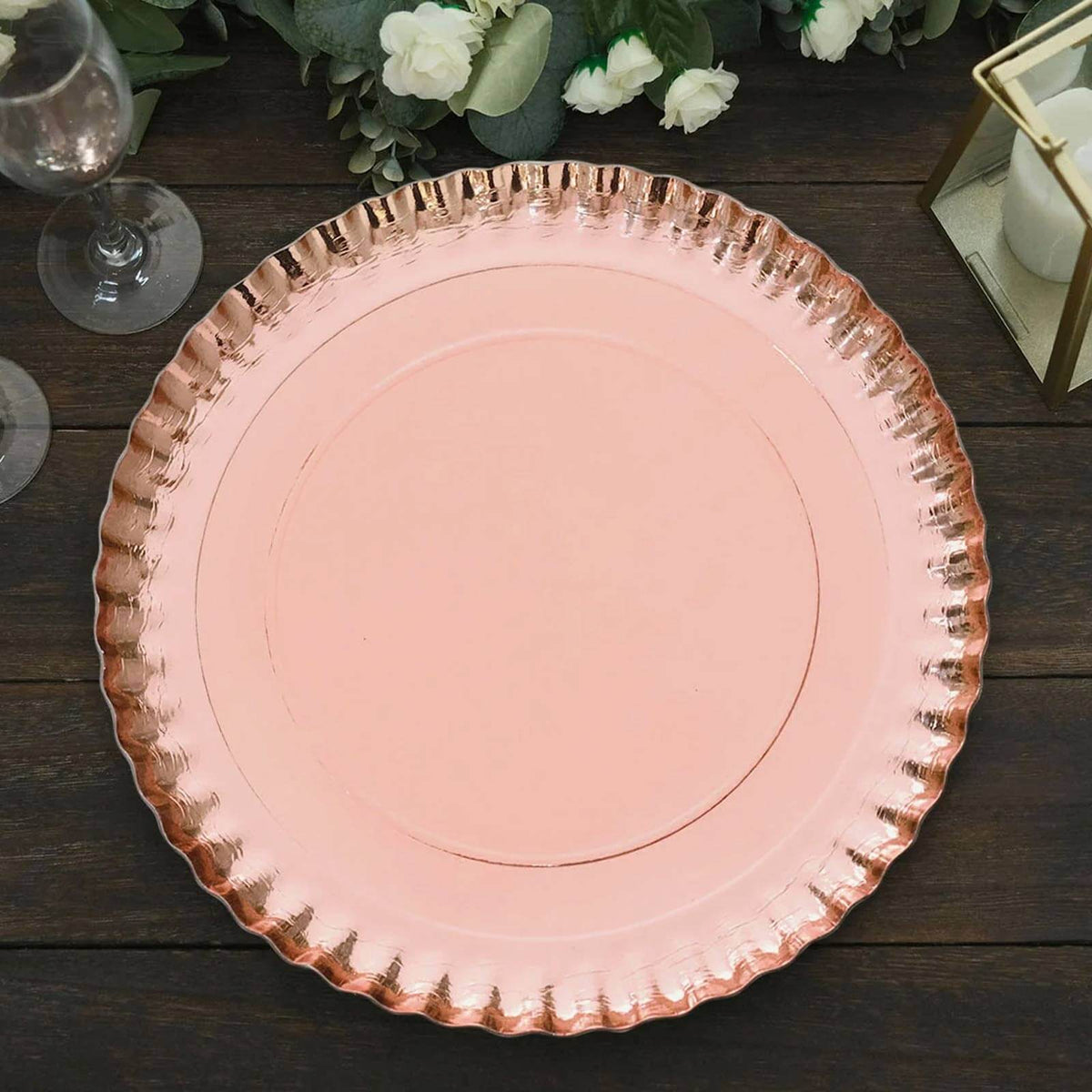 10-Pack Paper 13" Round Charger Plates in Rose Gold with Scalloped Rims - Heavy Duty Disposable 1100GSM Serving Trays