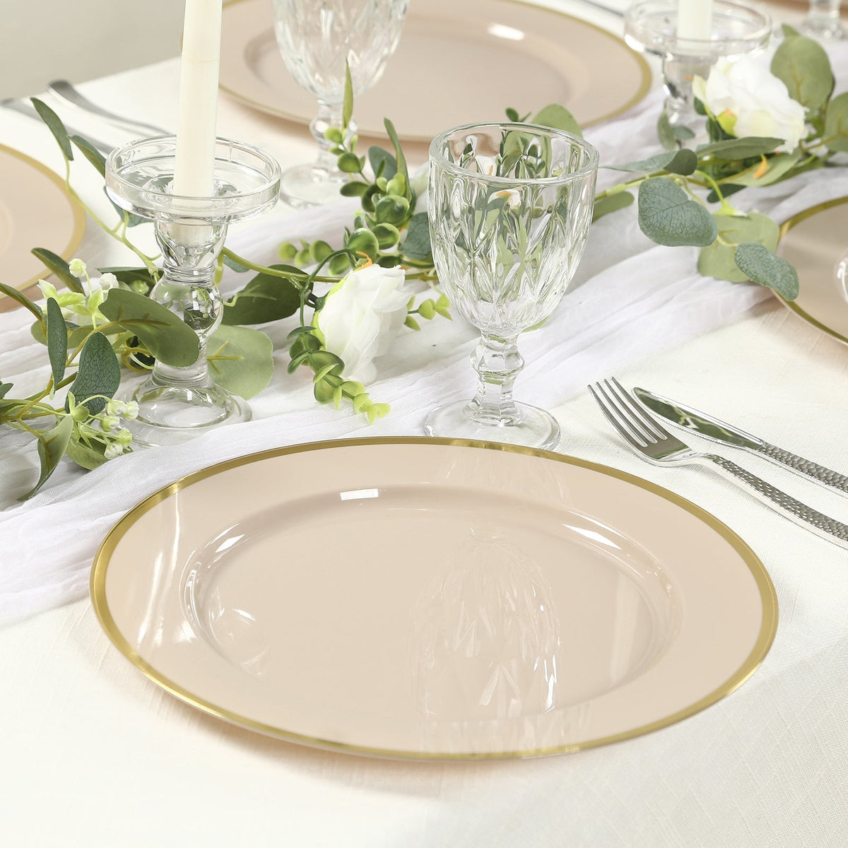 10 Pack Taupe Economy Plastic Charger Plates With Gold Rim, 12" Round Dinner Chargers Event Tabletop Decor