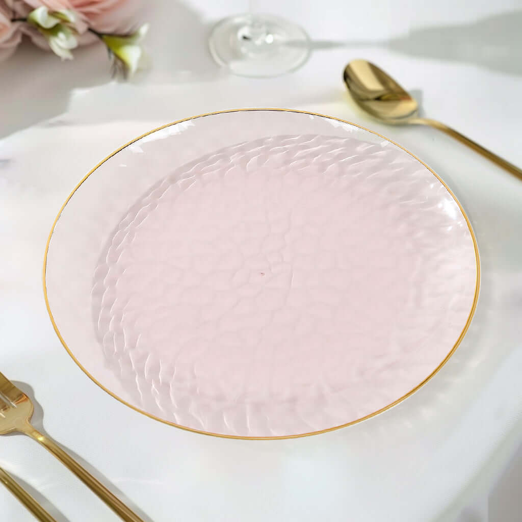 10-Pack Plastic 9" Round Dinner Plates in Transparent Blush Hammered Design with Gold Rim - Modern Disposable Party Plates