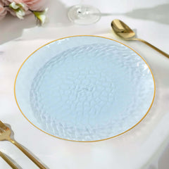 10-Pack Plastic 9" Round Dinner Plates in Transparent Dusty Blue Hammered Design with Gold Rim - Modern Disposable Party Plates
