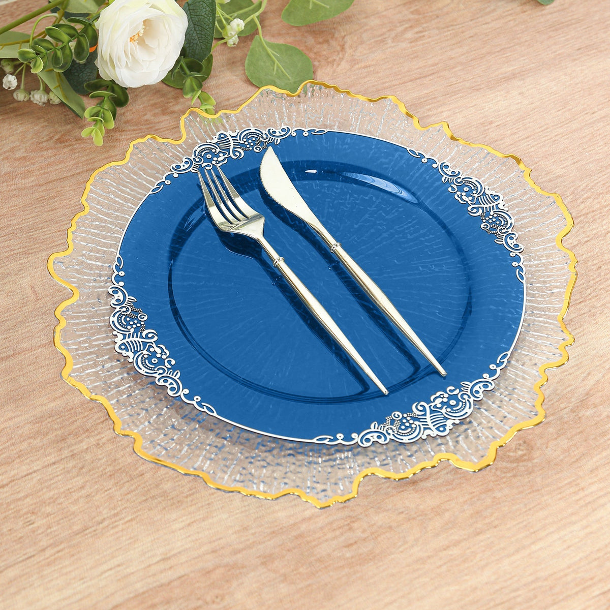 10-Pack Plastic 10" Round Dinner Plates in Transparent Navy Blue with Silver Leaf Embossed Rim - Disposable Vintage Baroque Style Plates