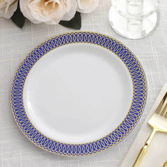 10-Pack Plastic Round Dinner Plates 10" White with Navy Blue Gold Spiral Rim - Chic Disposable Party Plates