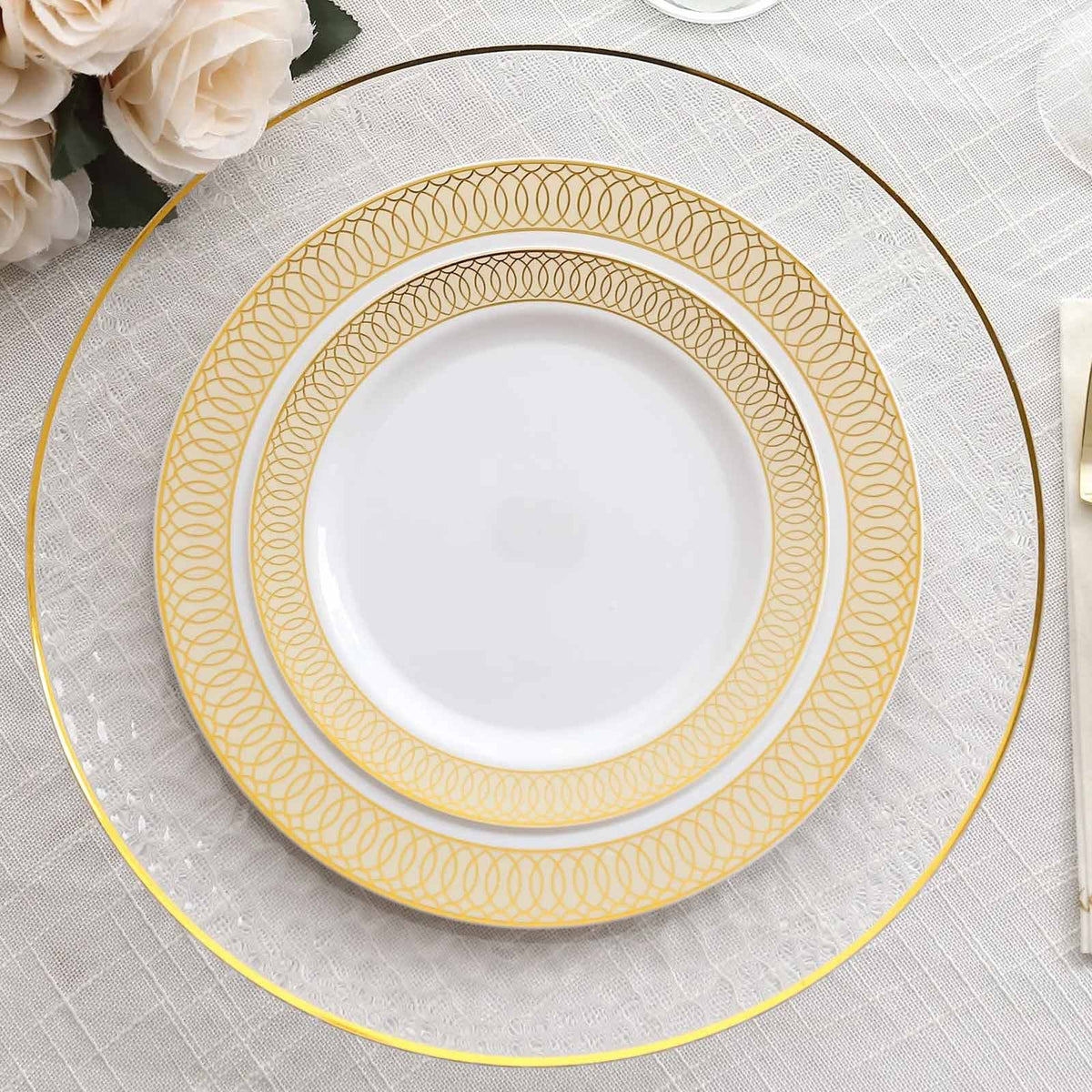 10-Pack Plastic Round Dessert Plates 7" White with Beige Gold Spiral Rim - Disposable Salad Plates