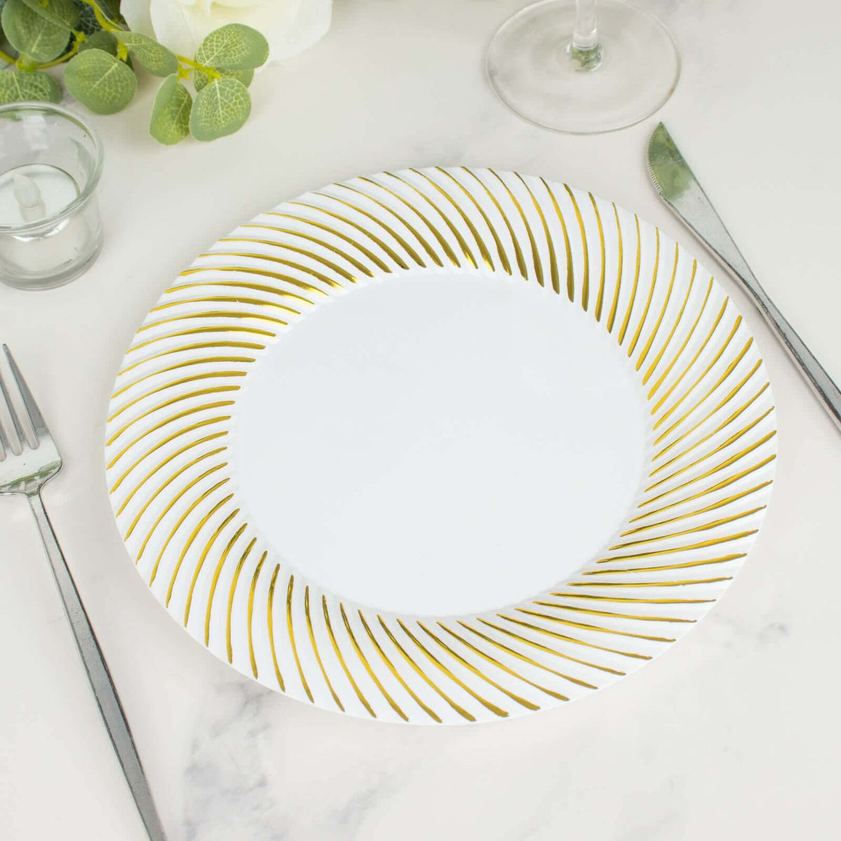 10-Pack Plastic 9" Round Dinner Plates White with Gold Swirl Rim - Disposable Party Plates