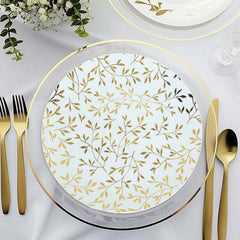 10-Pack Plastic 10" Round Dinner Plates in White with Gold Leaf Design - Heavy Duty Disposable Party Plates for Stylish Events & Memorable Gatherings