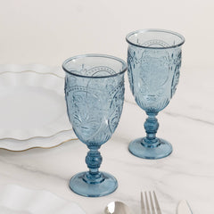 24-Pack Plastic Wine Glasses 10oz – Transparent Dusty Blue Vintage Goblets with Retro Embossed Design, Elegant Drinkware - 7" Tall