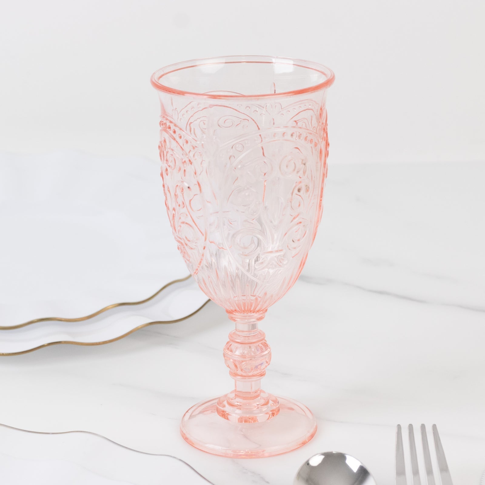 24-Pack Plastic Wine Glasses 10oz – Transparent Blush Vintage Goblets with Retro Embossed Design, Elegant Drinkware - 7" Tall