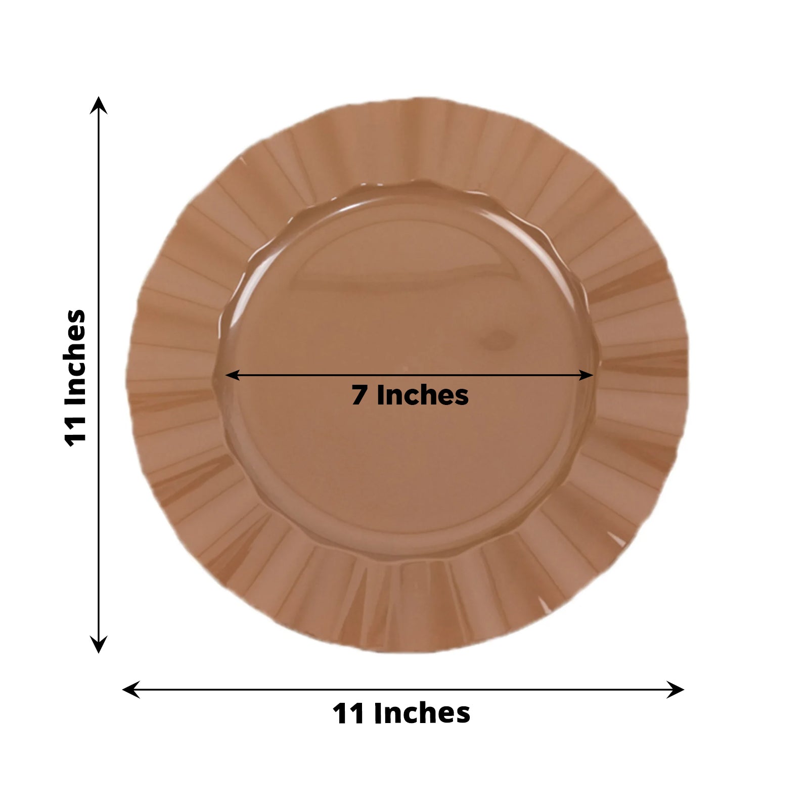 10-Pack Plastic 11" Round Dinner Plates in Coffee Brown Ruffled Rim with Gold Edging - Sturdy Disposable Dinnerware