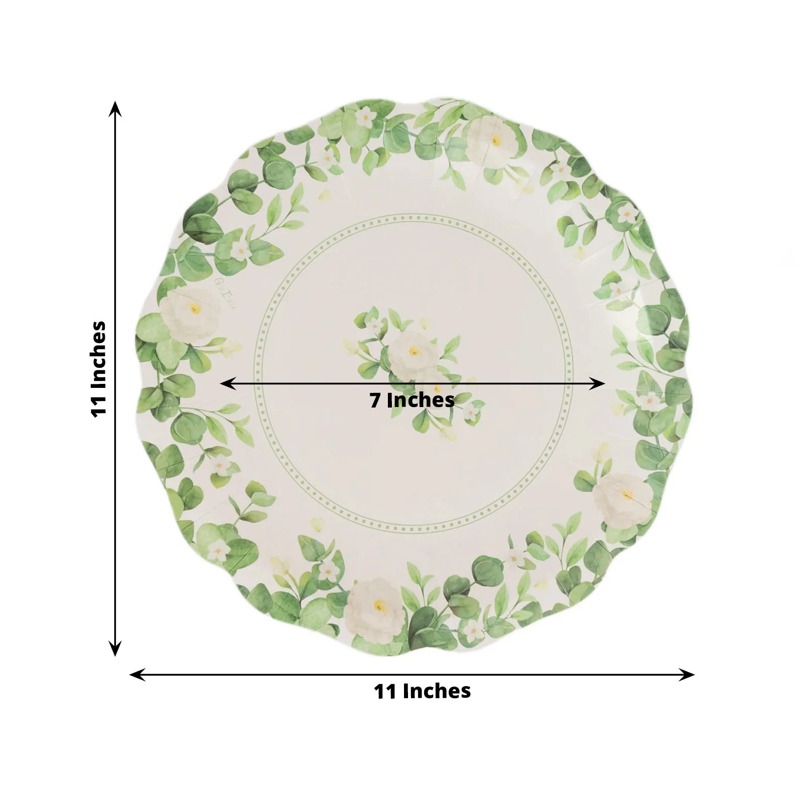 25-Pack Paper 11" Round Dinner Plates in White with Floral Greenery & Scalloped Edges - Disposable Party Plates for Nature-Inspired Events & Chic Celebrations