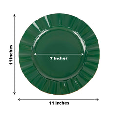 10-Pack Plastic 11" Round Dinner Plates in Hunter Emerald Green Ruffled Rim with Gold Edging - Sturdy Disposable Dinnerware