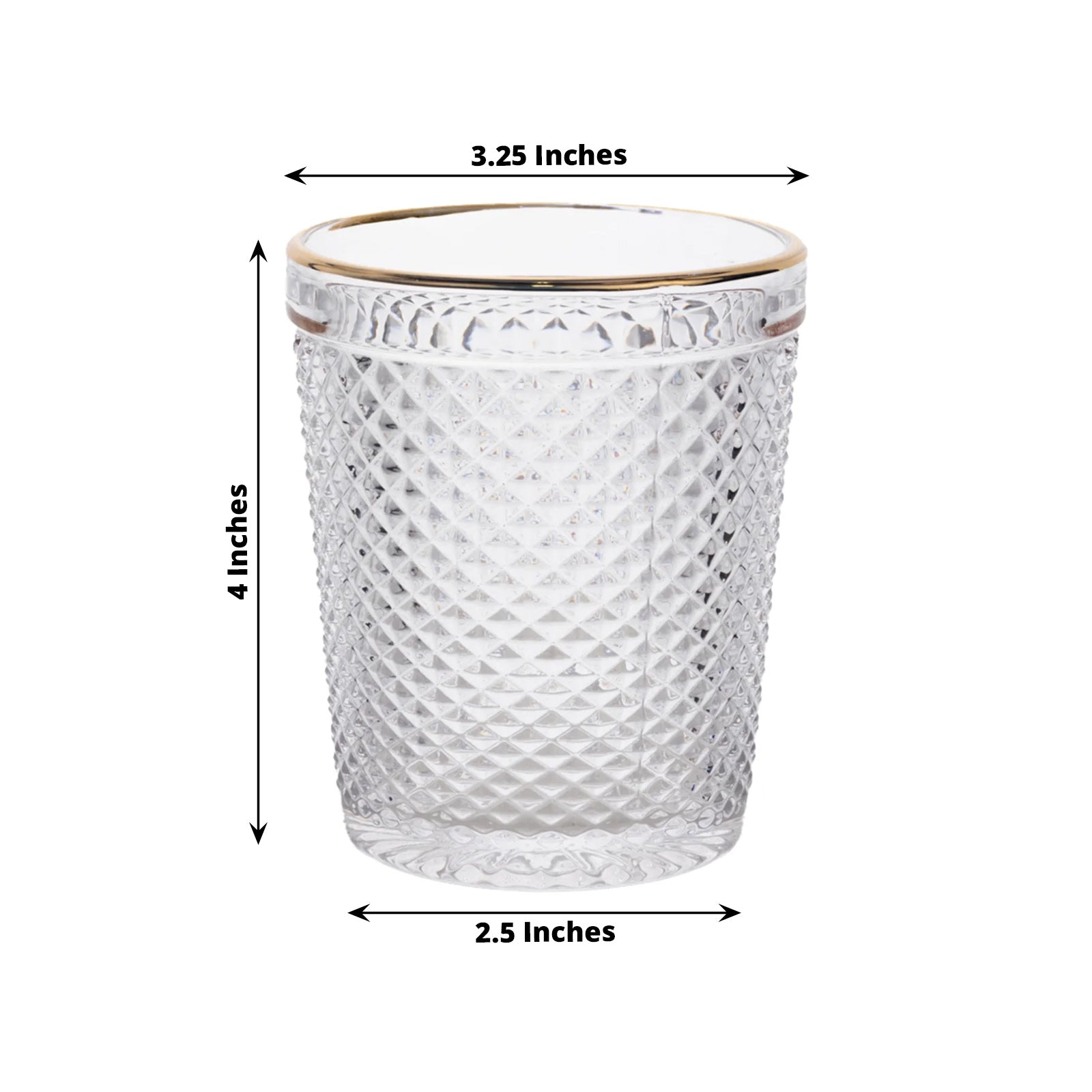 6-Pack Tumbler Glasses Clear Hobnail Design with Gold Rim - Embossed Diamond Pattern Glassware for Drinks & Parties 11oz 4"