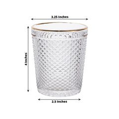 6-Pack Tumbler Glasses Clear Hobnail Design with Gold Rim - Embossed Diamond Pattern Glassware for Drinks & Parties 11oz 4"