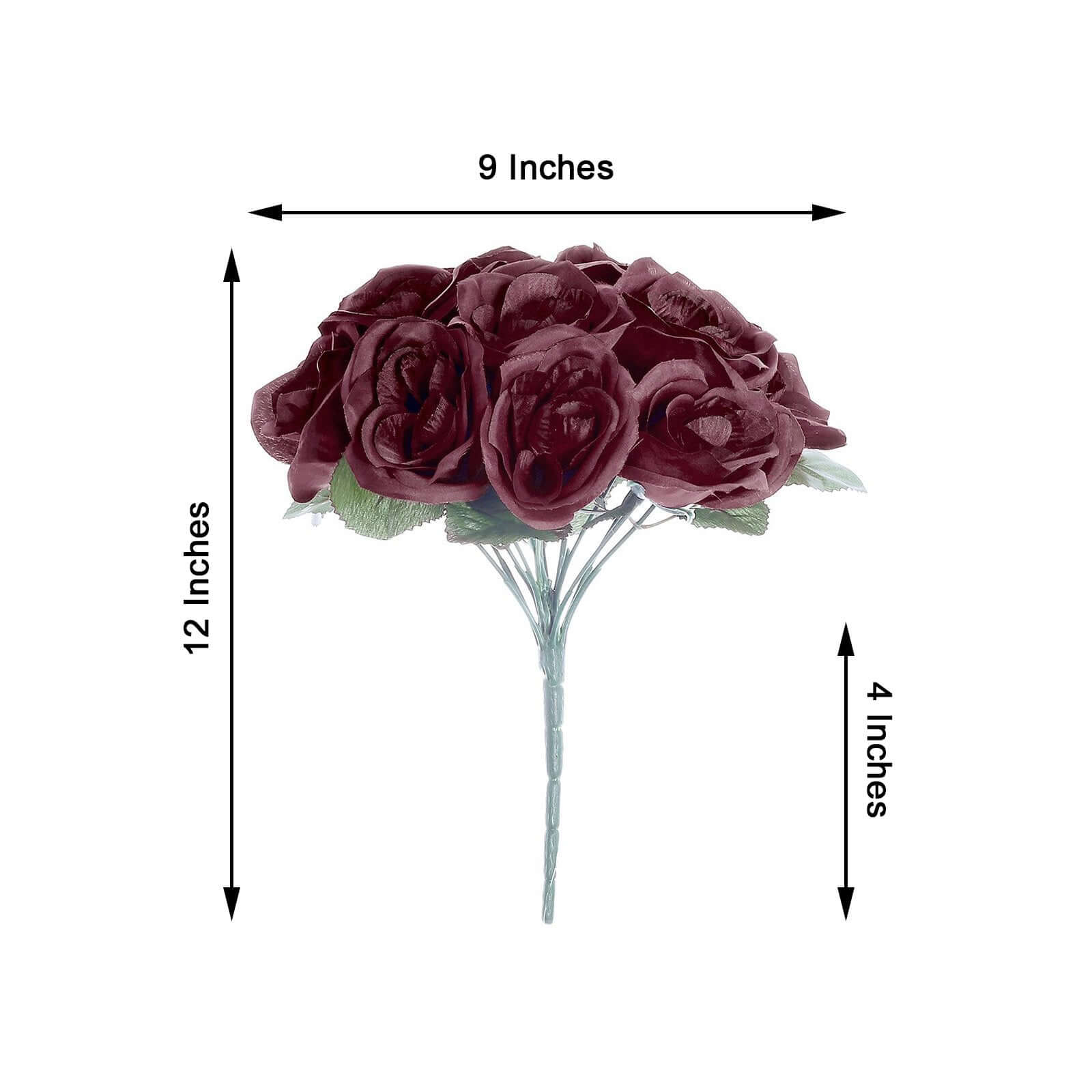 12" Burgundy Artificial Velvet-Like Fabric Rose Flower Bouquet Bush