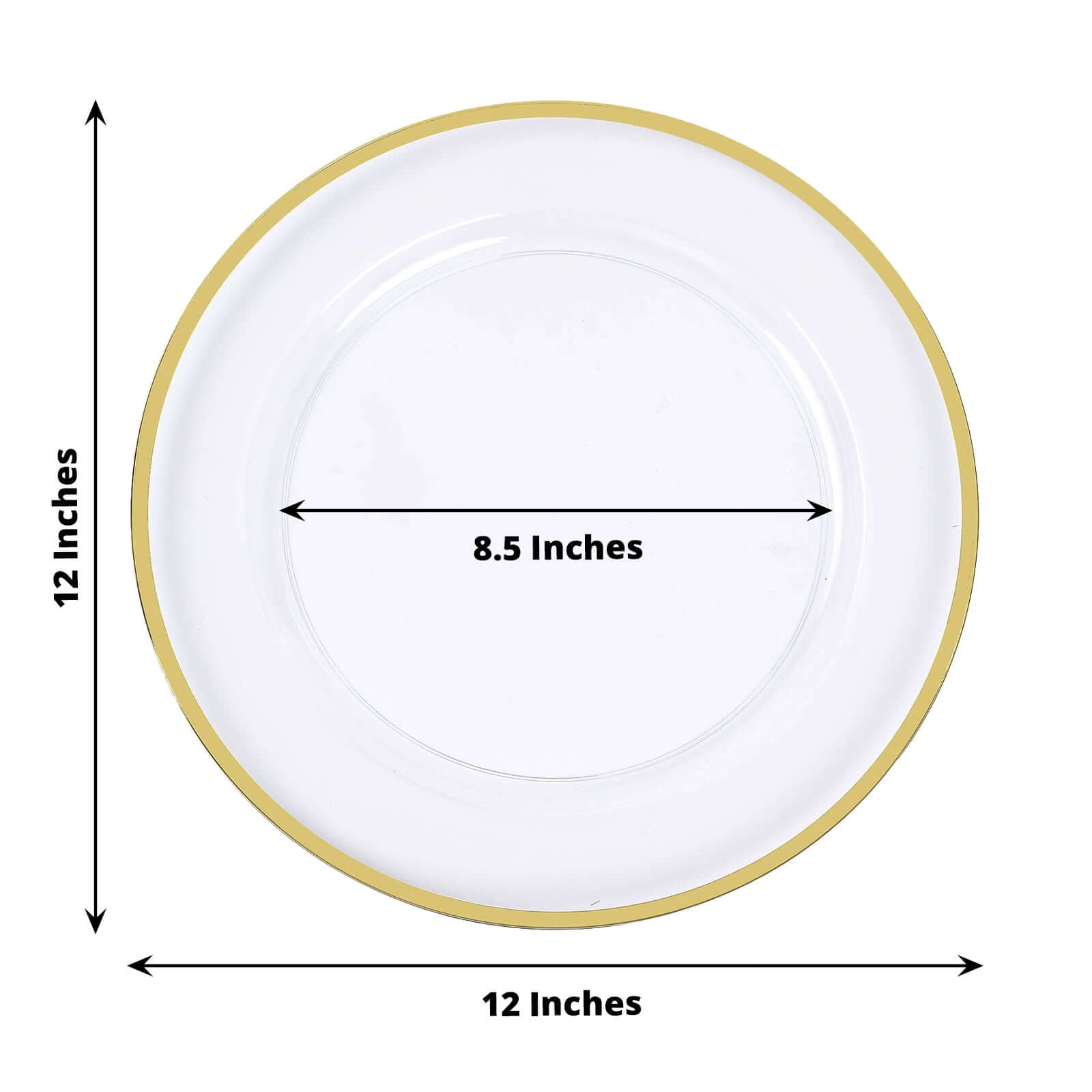 10-Pack Economy Plastic Round Charger Plates 12" in Clear with Wide Gold Rim, Decorative Dinner Party Serving Plates
