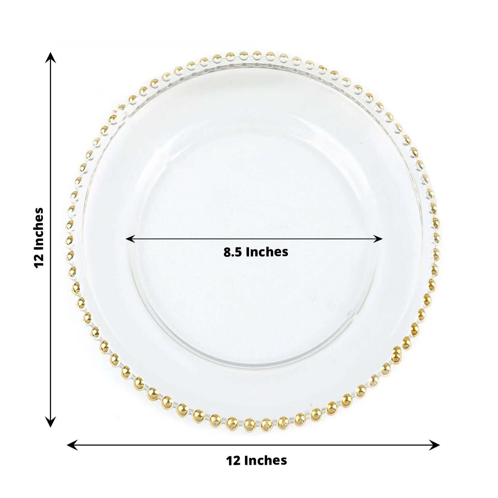 8-Pack Glass Round Charger Plates 12" Clear with Gold Beaded Rim, Event Tabletop Decorative Dinner Charger Tableware