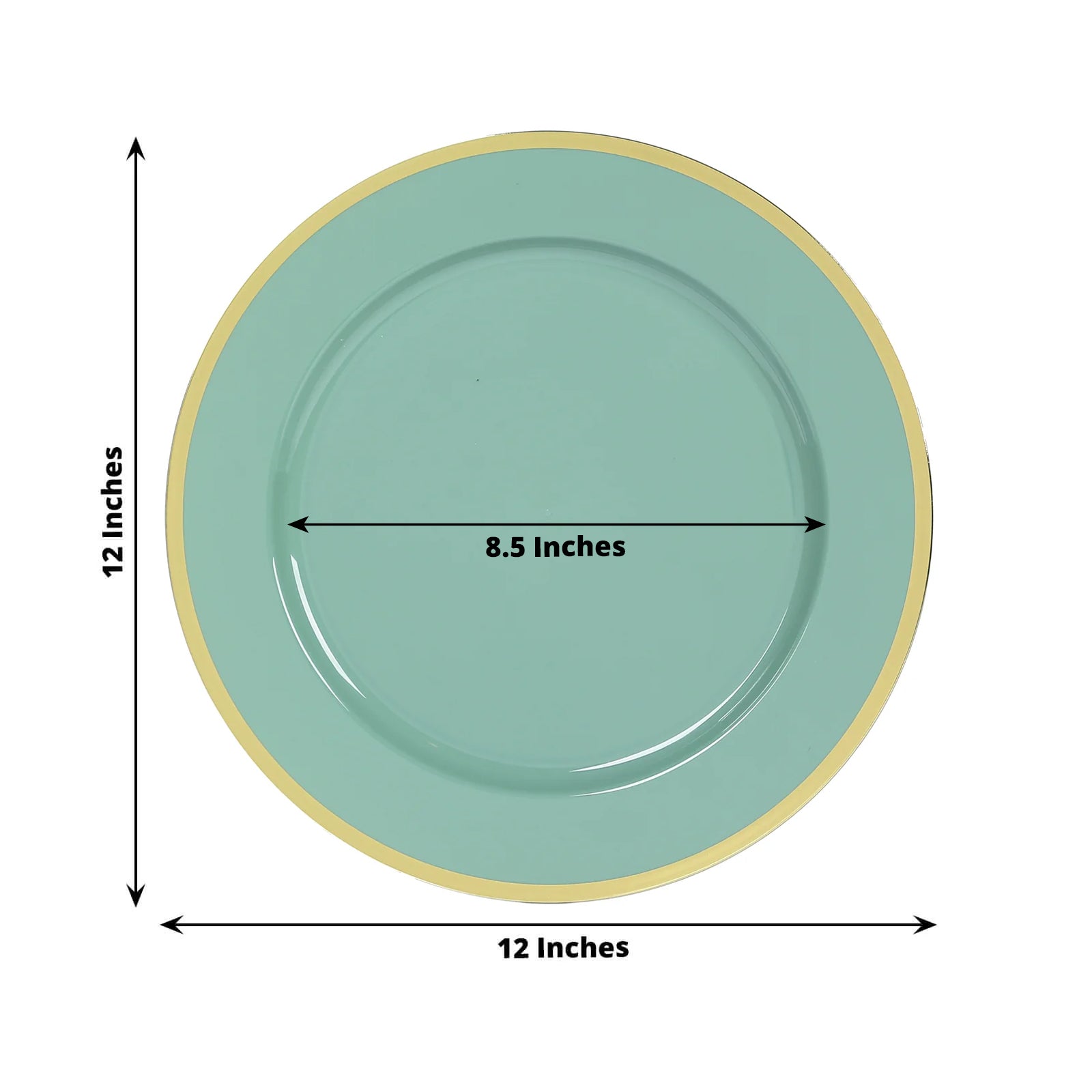 10-Pack Economy Plastic Round Charger Plates 12" in Dusty Sage Green with Wide Gold Rim, Decorative Dinner Party Serving Plates