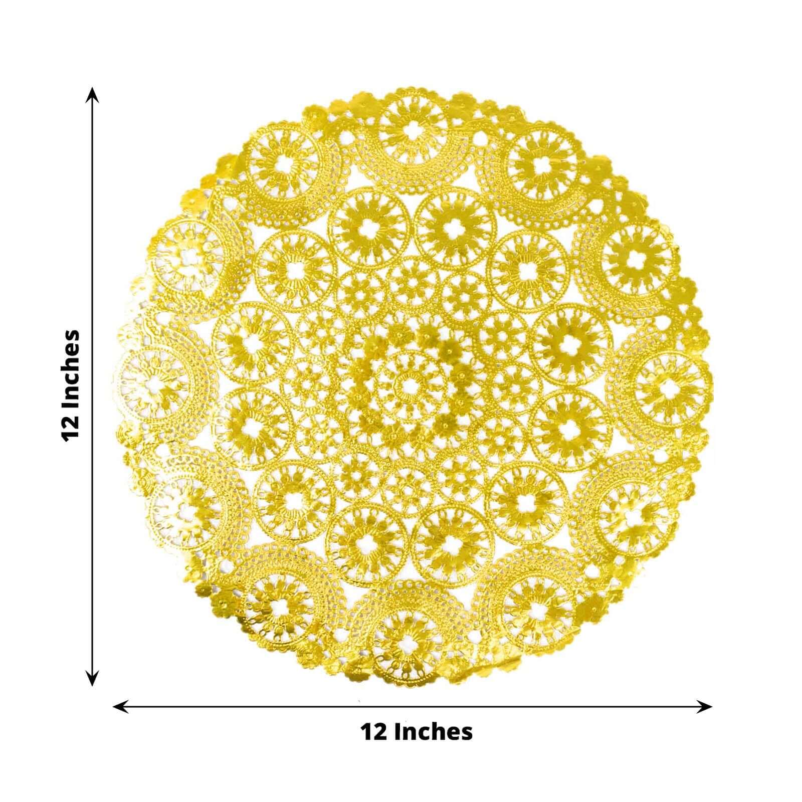 50-Pack Paper 12" Round Placemats in Metallic Gold - Disposable 50GSM Lace Doilies with Medallion Style for Dessert Display & Table Decor