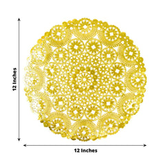 50-Pack Paper 12" Round Placemats in Metallic Gold - Disposable 50GSM Lace Doilies with Medallion Style for Dessert Display & Table Decor