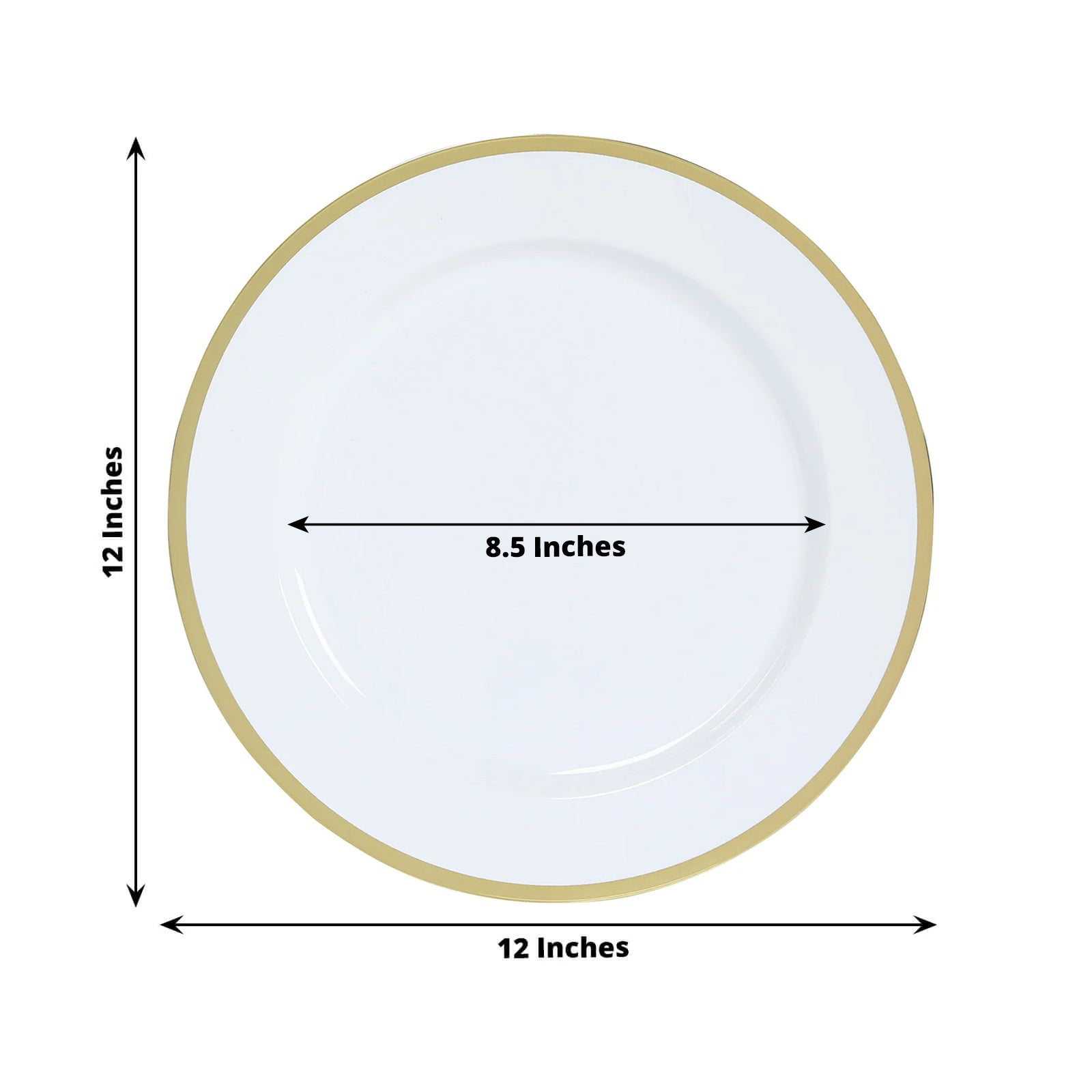 10-Pack Economy Plastic Round Charger Plates 12" in White with Wide Gold Rim, Decorative Dinner Party Serving Plates