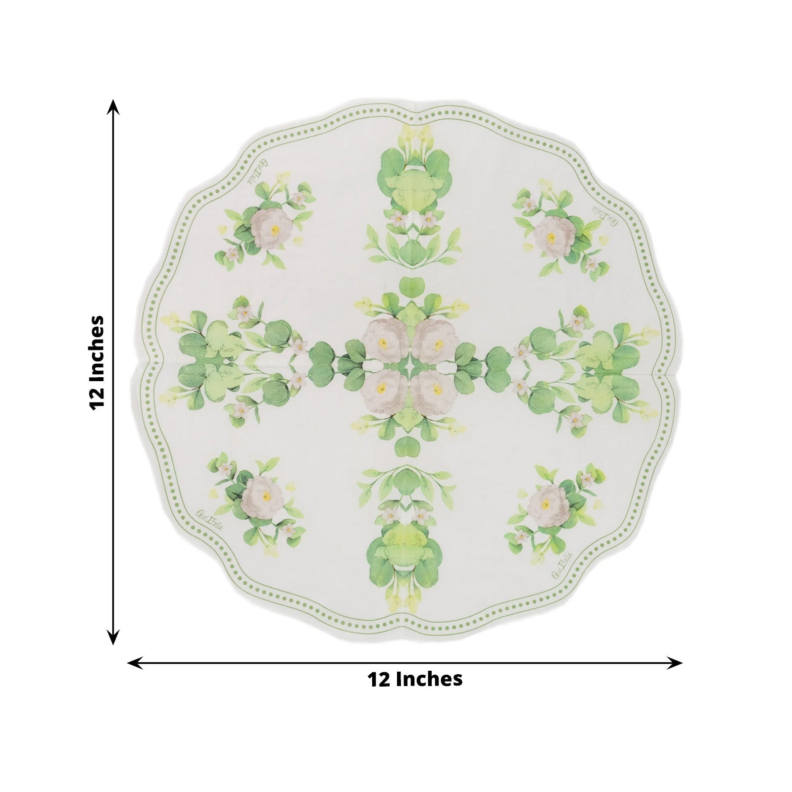 25-Pack Round Paper Cocktail Napkins with Floral Greenery and Scalloped Edge White - Disposable 2 Ply Beverage Napkins 6.25"x6.25"