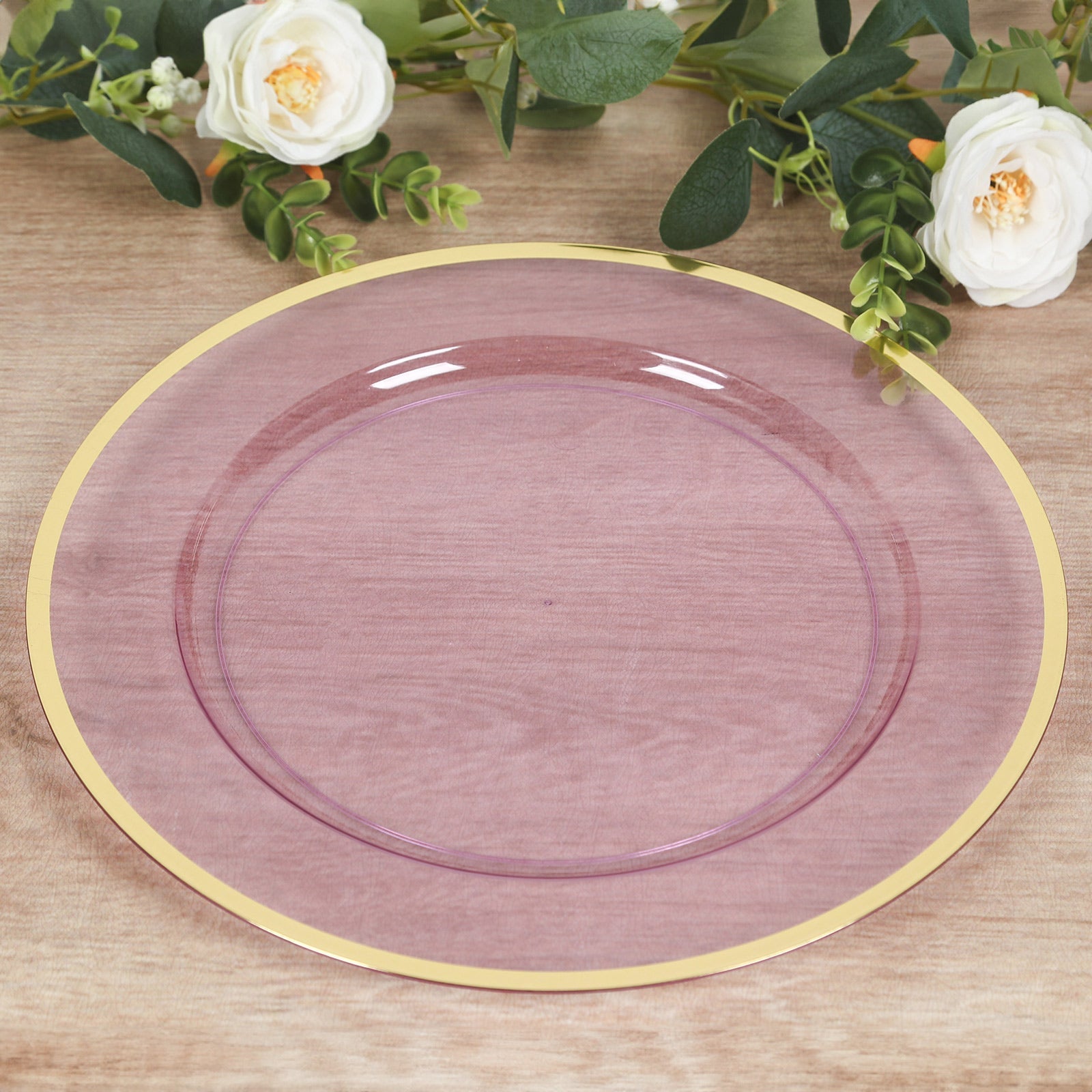 10 Pack Purple Economy Plastic Charger Plates With Gold Rim, 12" Round Transparent Dinner Chargers Event Tabletop Decor