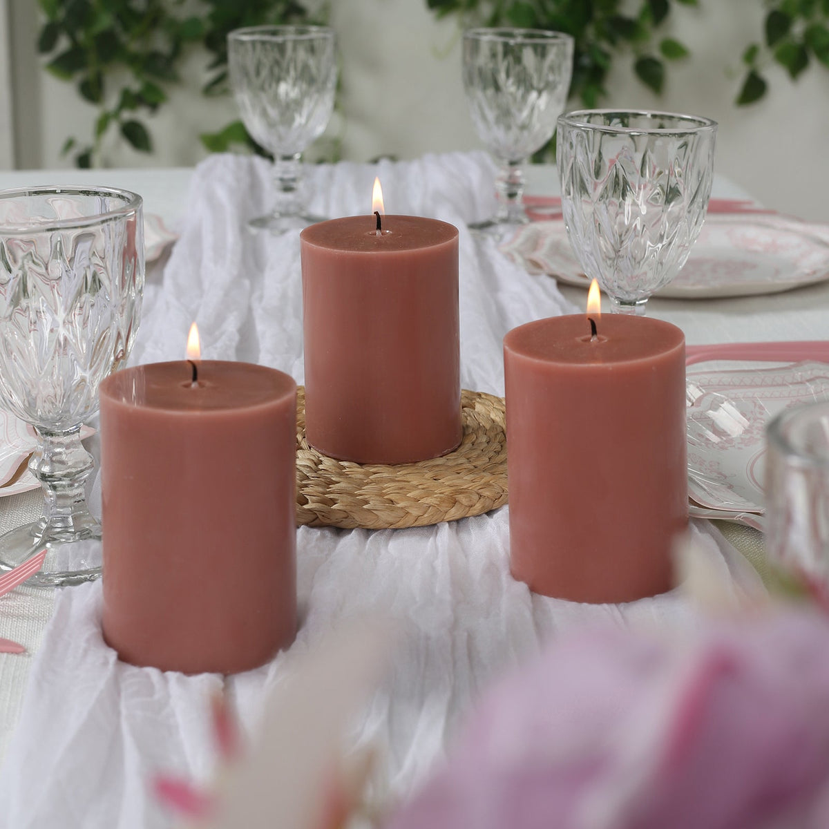 12-Pack 3"x4" Unscented Dripless Pillar Candles – Beige Long-Burning Wax Candles with Cotton Wicks for Home, Weddings & Event Decor