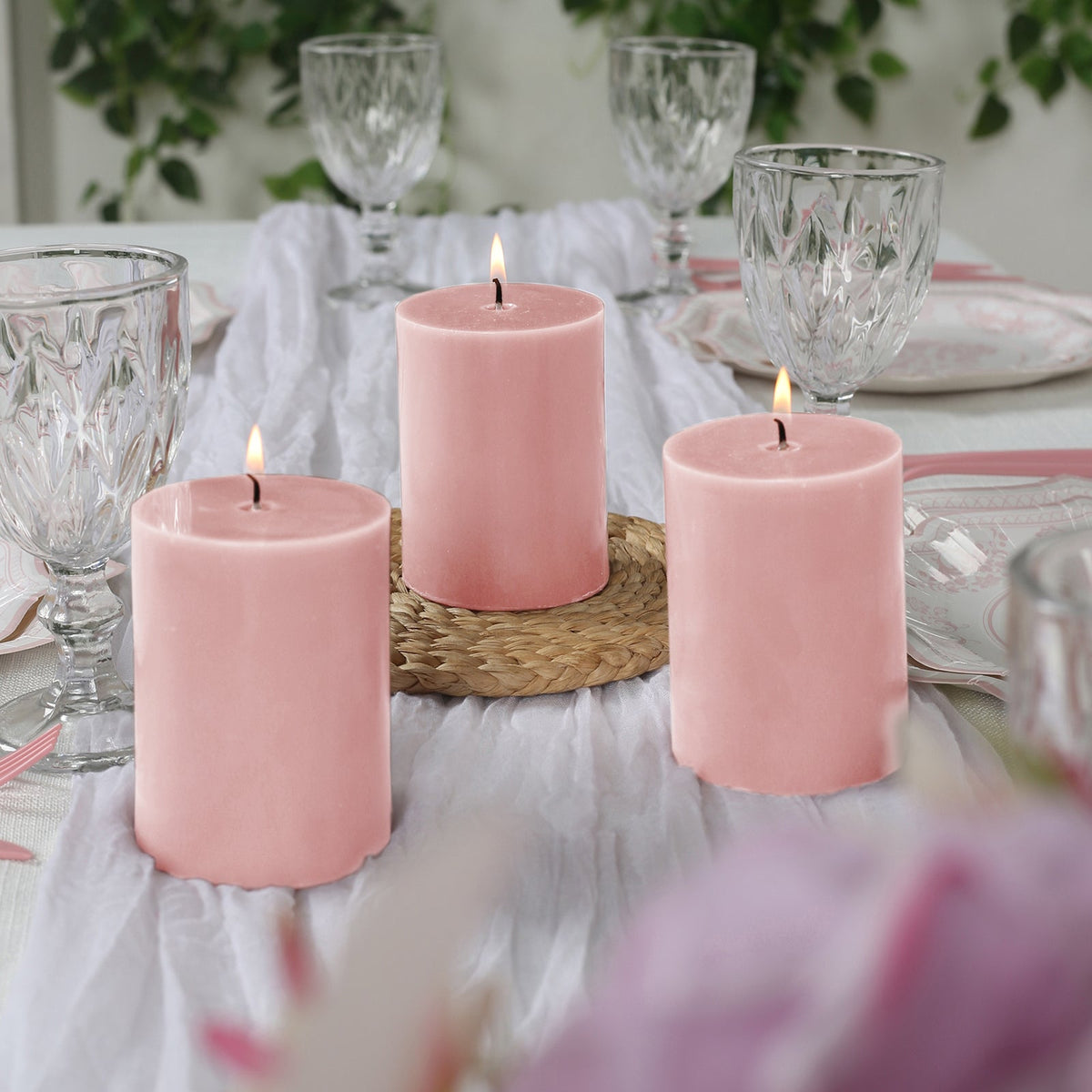 12-Pack 3"x4" Unscented Dripless Pillar Candles – Blush Long-Burning Wax Candles with Cotton Wicks for Home, Weddings & Event Decor