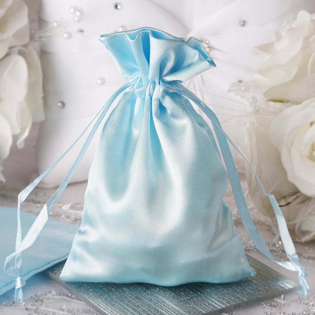 12 Pack 4"x6" Light Blue Satin Drawstring Wedding Party Favor Gift Bags