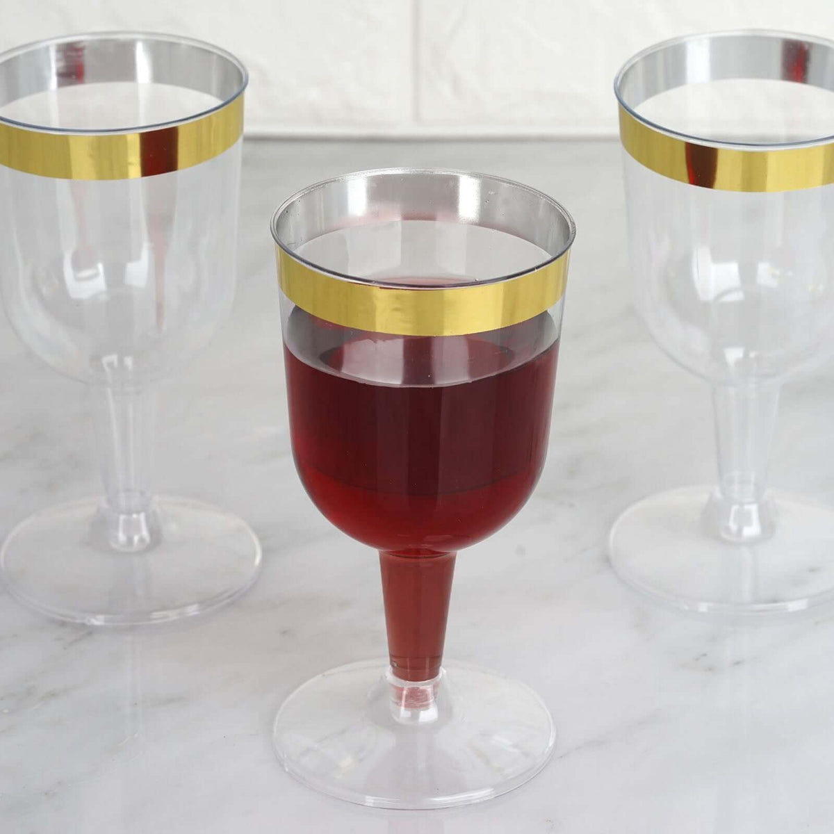 12-Pack Plastic Short Stem Wine Glasses Clear/Gold Rim - Stylish Disposable Drinkware 6oz