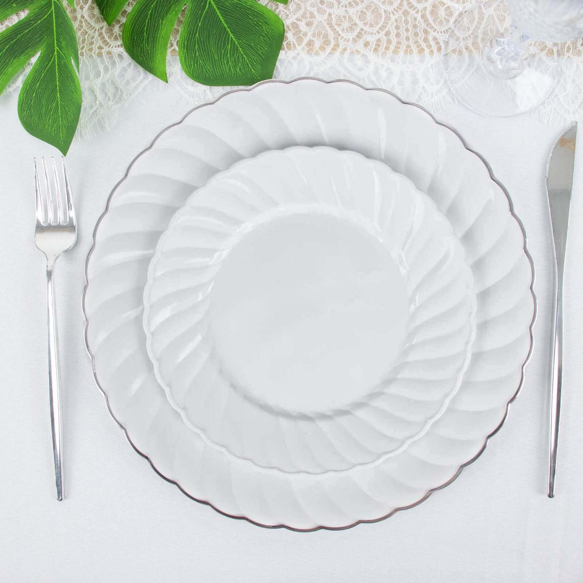 12-Pack Plastic Dessert Plates White Flair Rim - Sturdy Disposable Salad Plates 7.5"