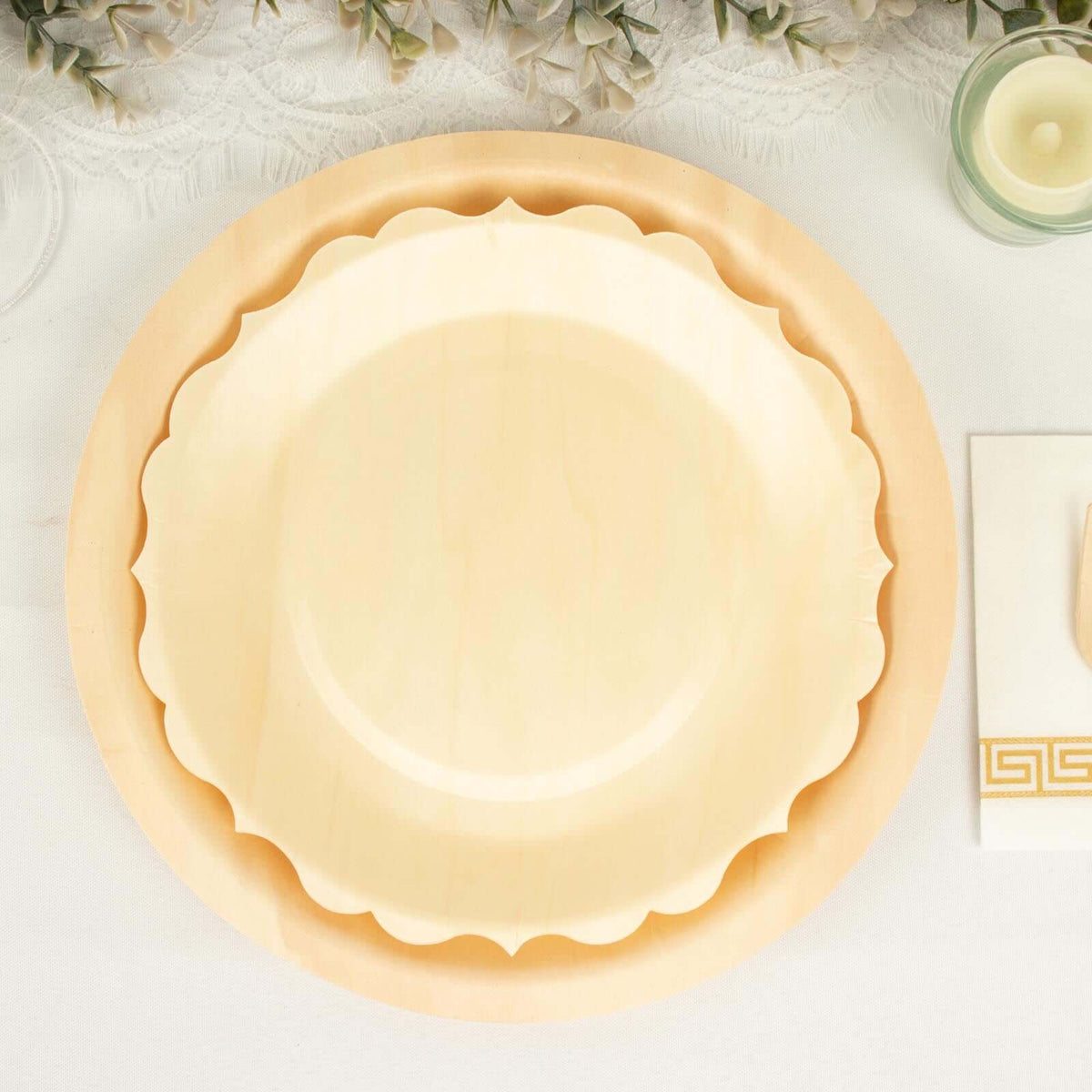 12-Pack Birchwood 9" Round Dinner Plates in Natural with Scalloped Rim - Eco Friendly Wooden Disposable Plates for Farmhouse-Style Events, Parties & Gatherings