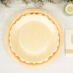 12-Pack Birchwood 9" Round Dinner Plates in Natural with Scalloped Rim - Eco Friendly Wooden Disposable Plates for Farmhouse-Style Events, Parties & Gatherings