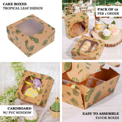 12-Pack Cardstock Cookie Boxes with Display Window - Tropical Leaf Design Disposable Treat Bakery Boxes for Donuts Cupcakes Strawberries & Pastries 6"x6"x3"