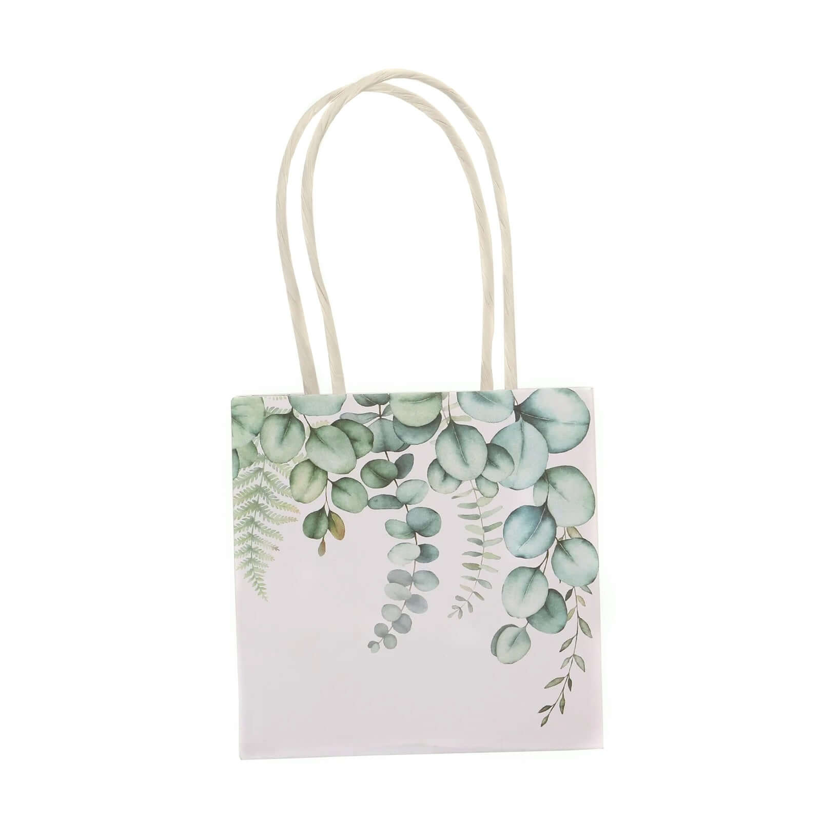 12 Pack White Green Eucalyptus Leaves Paper Party Favor Bags With Handles, Small Gift Goodie Bags - 4"x4"